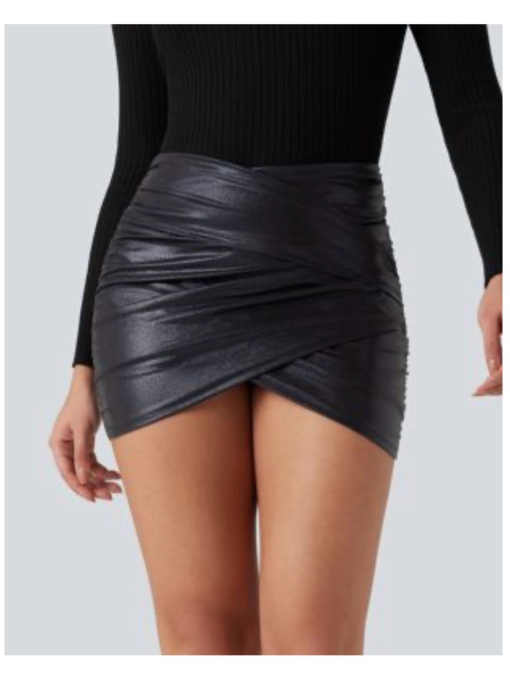 HALARA Faux Leather High Waisted Crossover Ruched 2-in-1 Bodycon Mini Skirt